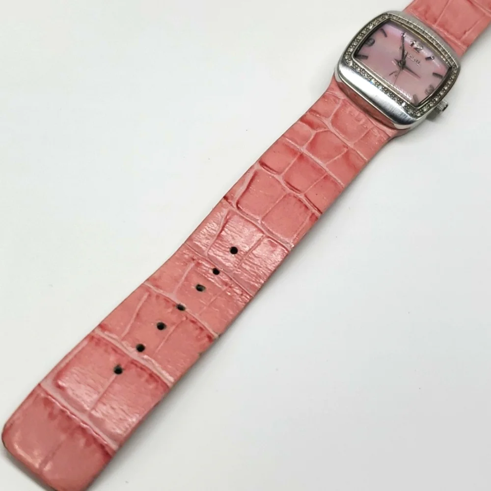 Vintage Fossil Watch F² ES9720 Salmon Leather Wristband Pink Mother of Pearl